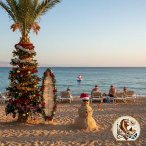 Brad de Crăciun decorat lângă un palmier pe plaja din Hurghada, oameni cu căciuli de Moș Crăciun relaxându-se pe șezlonguri la malul Mării Roșii și un om de zăpadă din nisip, într-o atmosferă de sărbători la mare.