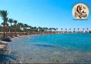 Plajă cu apă cristalină și palmieri în Hurghada, ideală pentru a decide cand sa vizitezi Egiptul.
