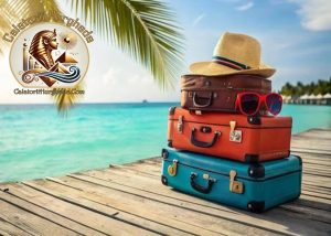 O imagine cu un bagaj pentru Hurghada format din geamantane colorate așezate pe un ponton de lemn, pregătit pentru vacanță.