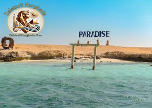 Cat Costa Excursia la Paradise Island în 2026? Leagăn în apă turcoaz pe plaja Paradise Island Hurghada cu sigla Calatorii Hurghada